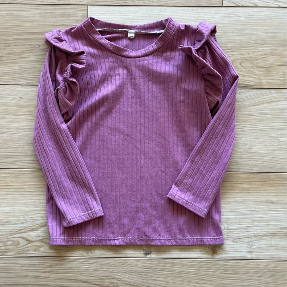 Ruffle sleeve ribbed knit mauve girls top size 3/4